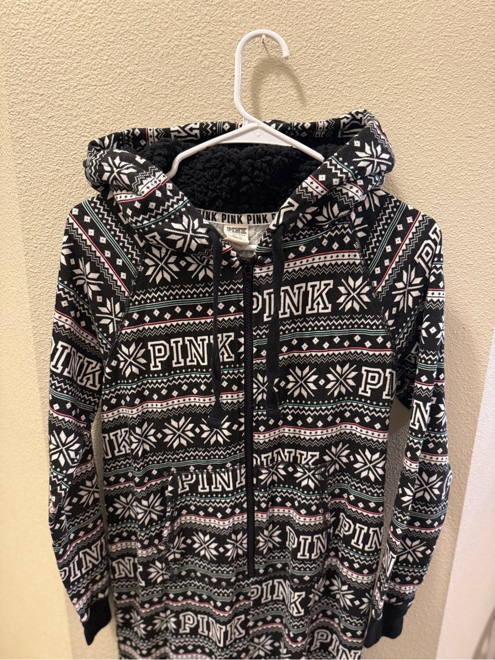 Victoria's Secret PINK Black, White & Pink Patterned Sherpa-Lined Hoodie Onsie